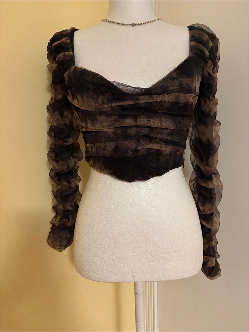 Zara Brown Sheer Ruched Long-Sleeve Crop Top - Women's
